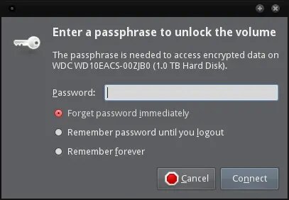 Xfce (Thunar) will require the password of the encrypted LUKS volume.