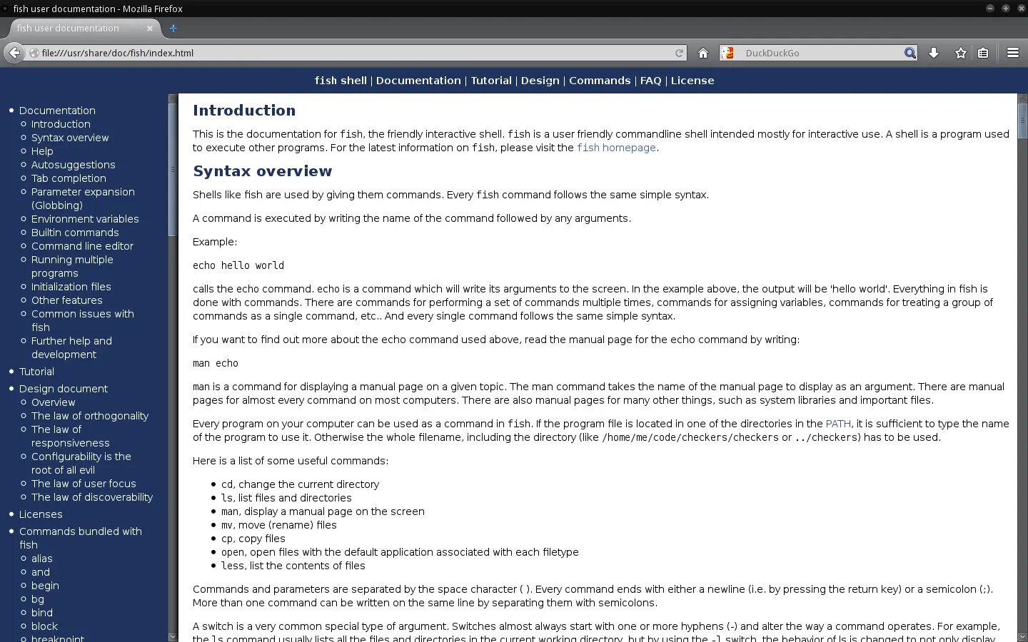 Fish user documentation loaded in your default web browser.